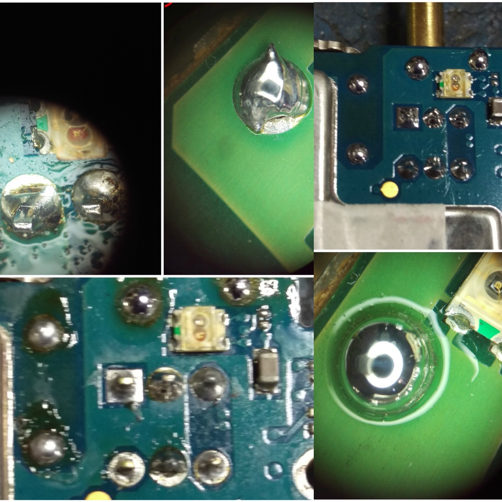 Solder-joint repair – three left images before, two right images after